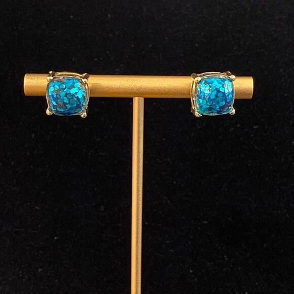 Aqua Blue Glitter Gold Studs Earrings NEW - Picture 3 of 3